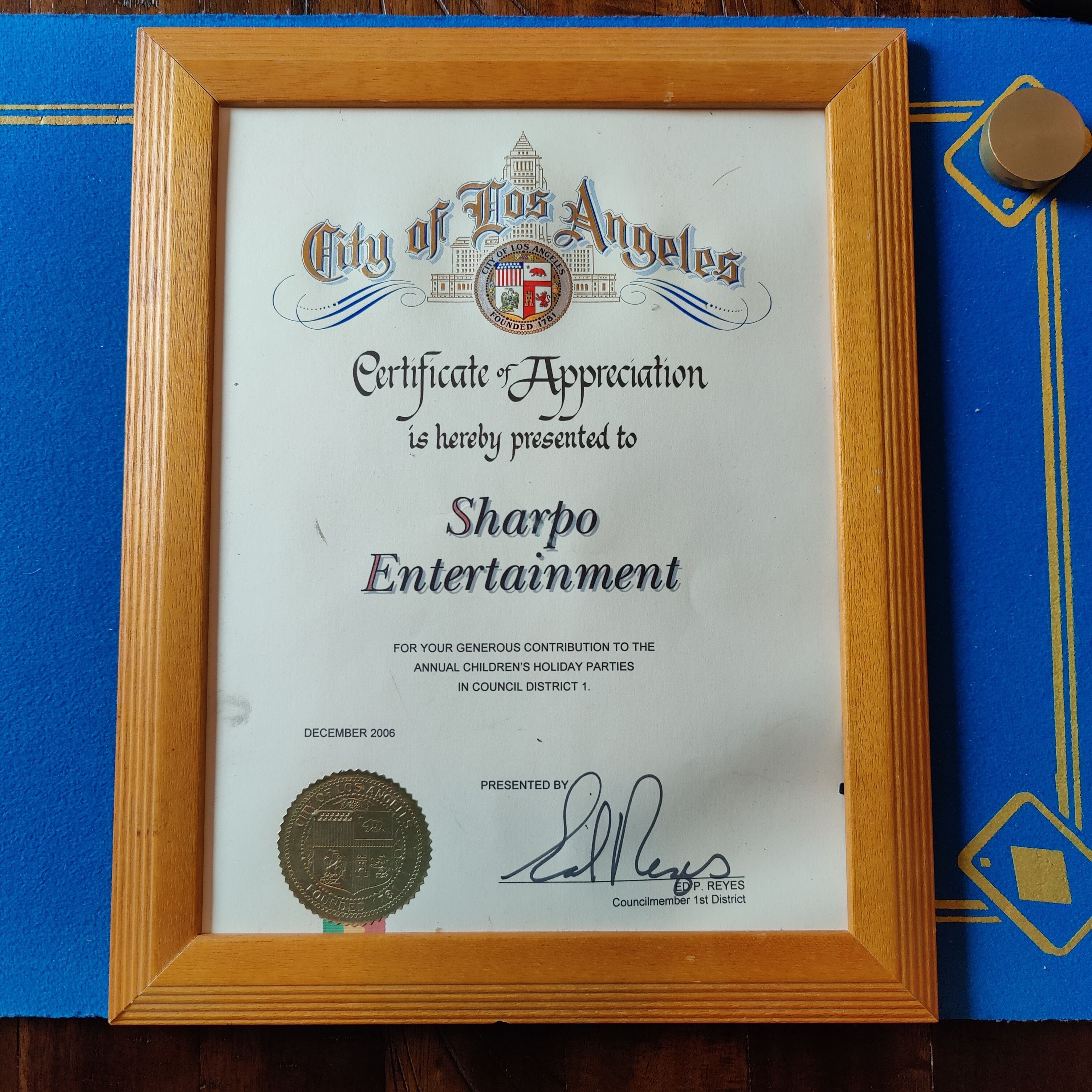 Certificate of Appreciation from the City of Los Angeles 2006 for charity children's magic show performance.