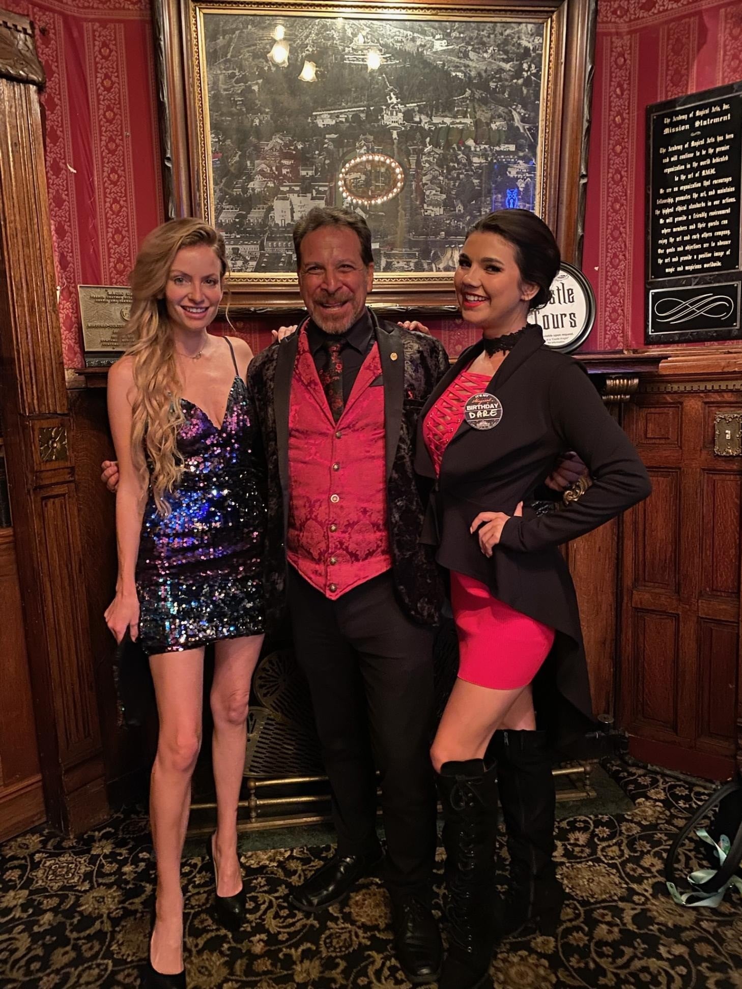 Sharpo the Master Magician posing at the Magic Castle with Actress Cody Renee Cameron