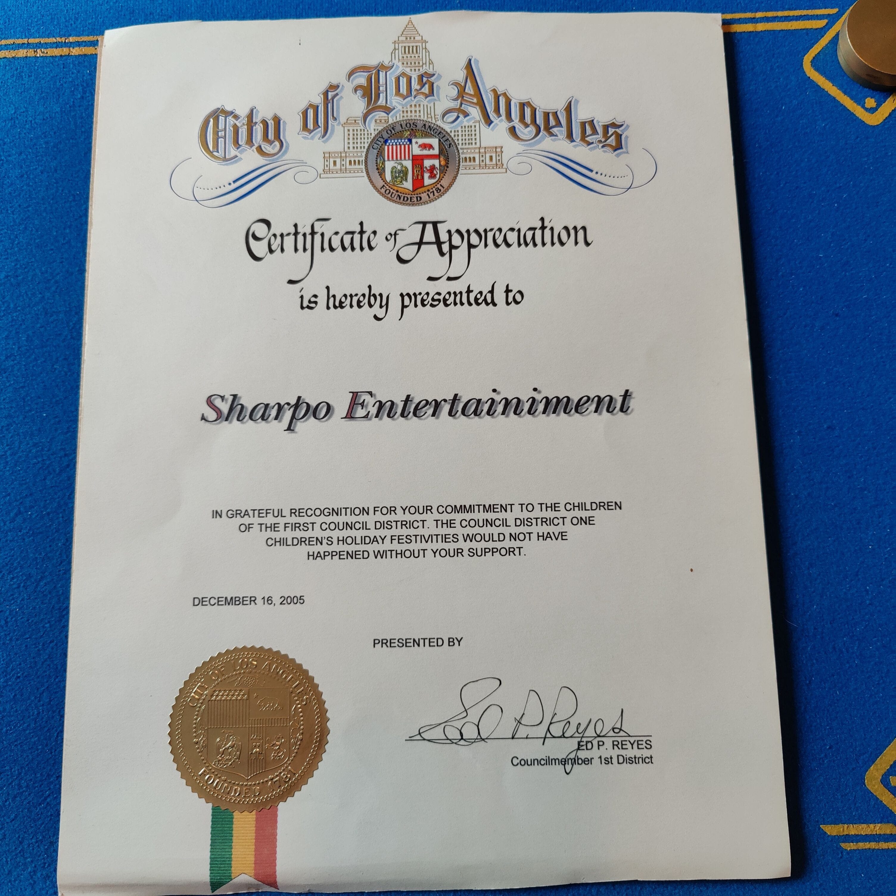 Certificate of Appreciation from the CIty of Los Angeles for Sharpo's charity children's magic show 2005