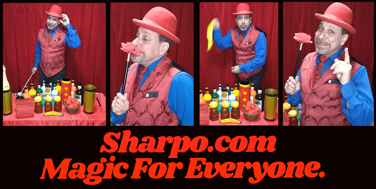 Red Bowler Derby, Red Vest, Red Tie, Blue Shirt.  This is the Sharpo uniform.  Pictured with the family friendly magic show props.
