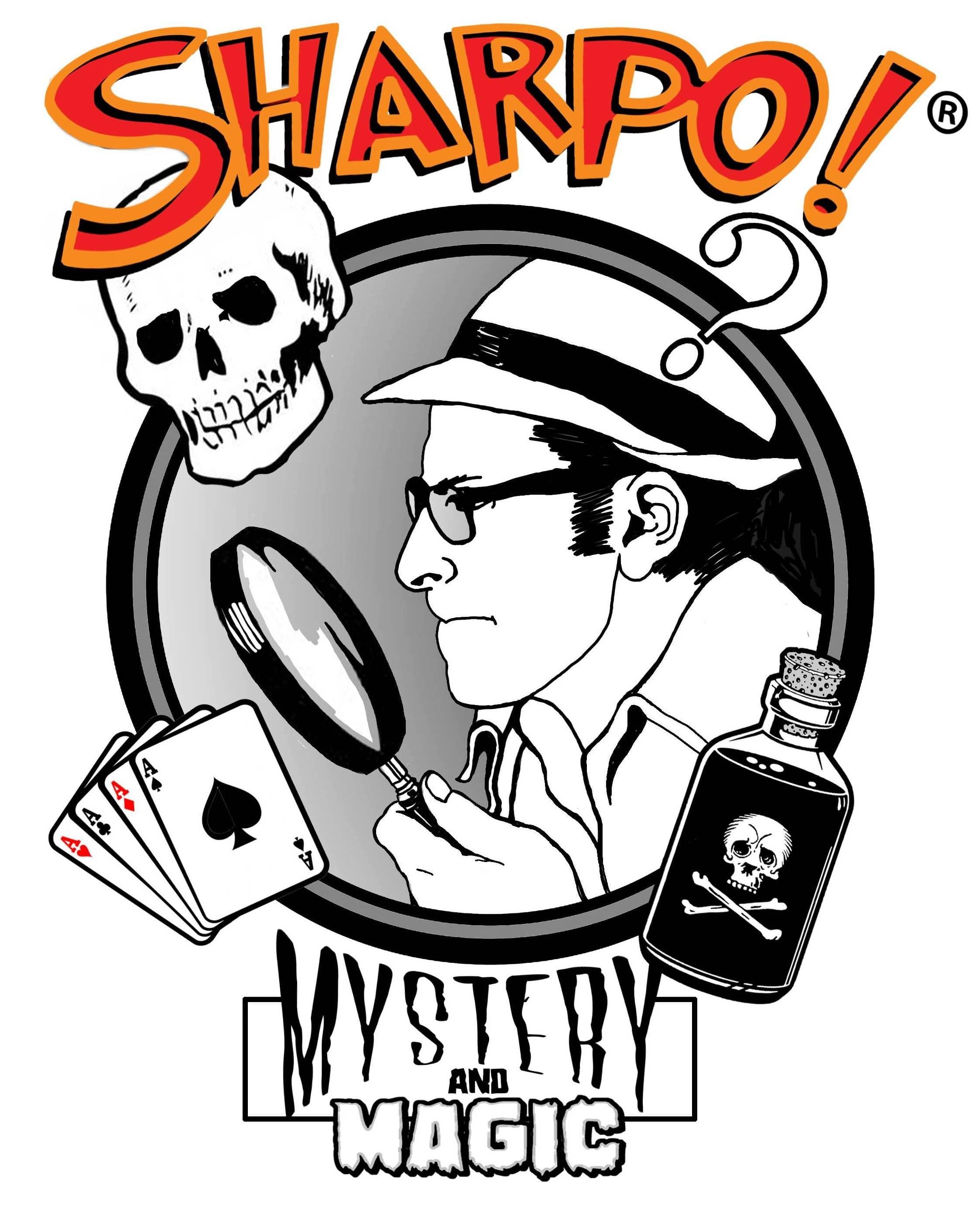 Sharpo!®  Mystery & Magic Logo, featuring the likeness of Eric Howell Sharp in fedora and trenchcoat.  Looking through a magnifying glass at the 4 Aces. 