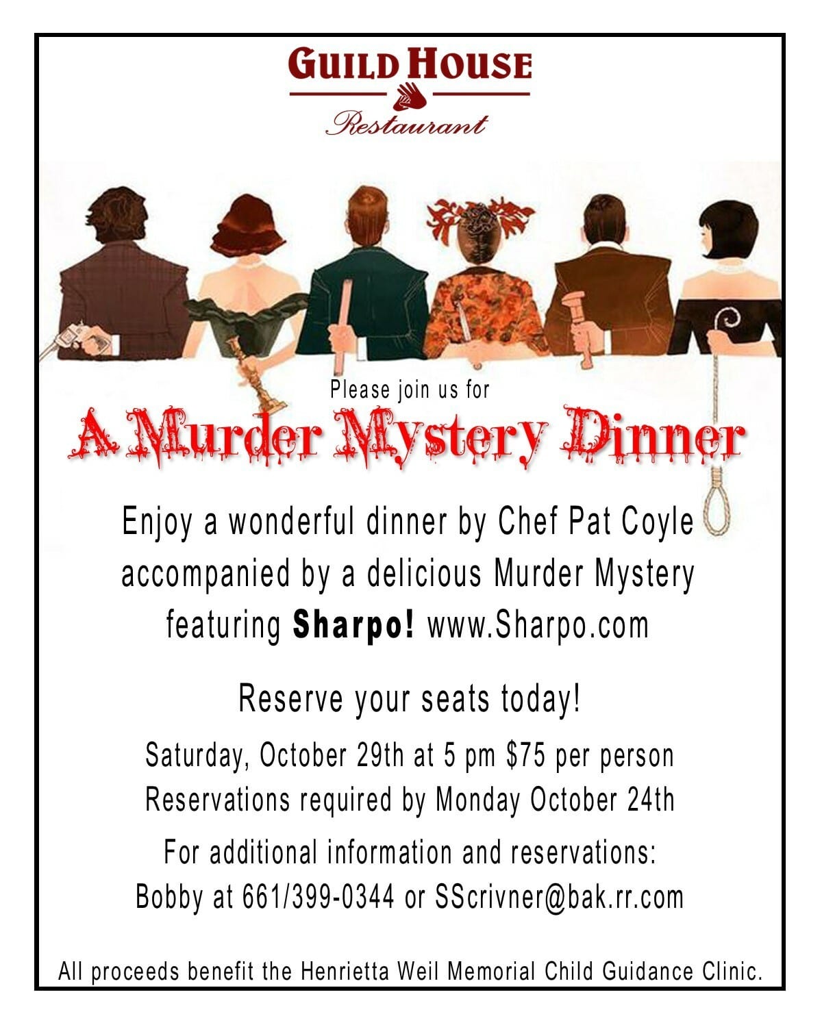 Murder Mystery Dinner Show October 29th at the Guidlhouse Bakersfield.