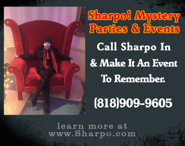 Sharpo is masked and sitting in a giant red chair for this advertisement for magic and mystery.