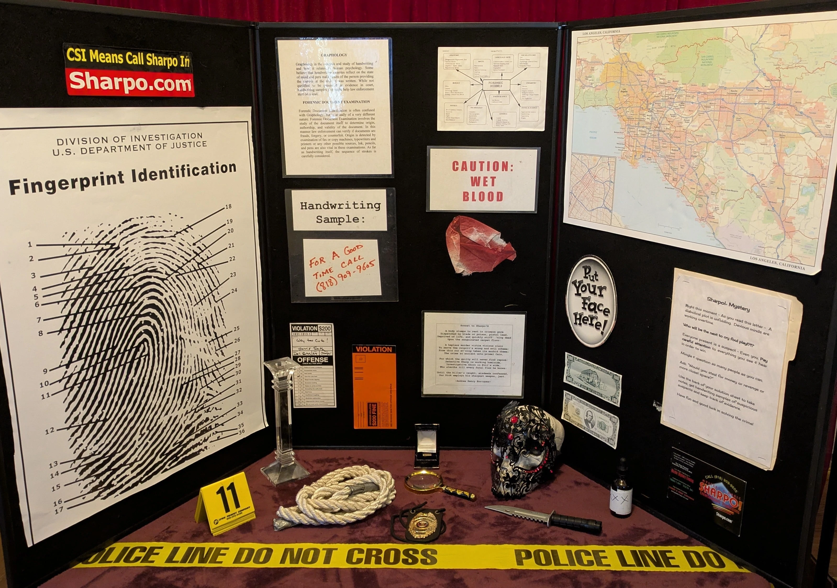 The Crime Scene Display We use at the  Sharpo!®  Mystery Parties.